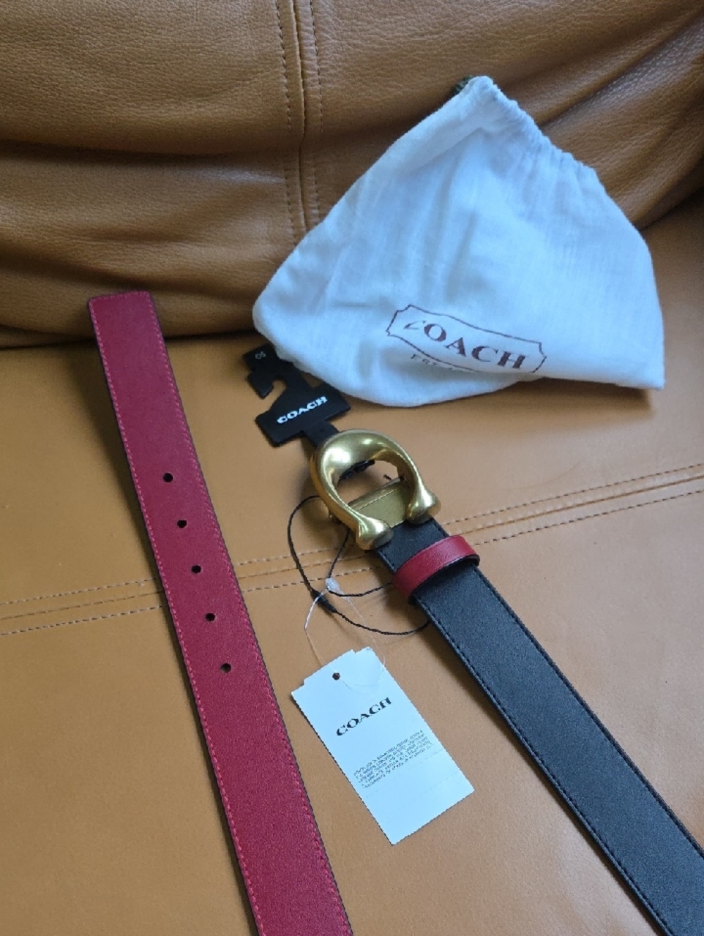 Coach Black and Red Leather Belt with Gold 'C' Buckle - Picture 15 of 16